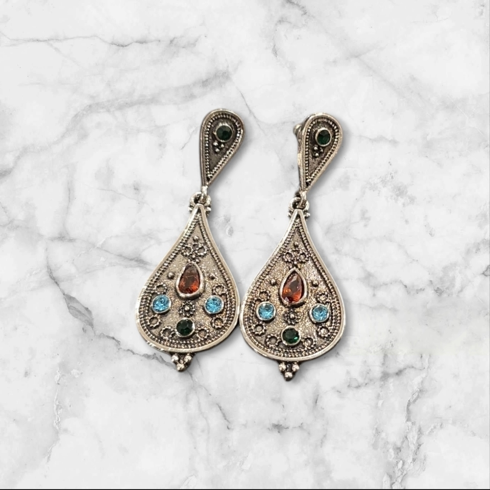 Elegant Silver Teardrop Earrings With Multicolor Gems